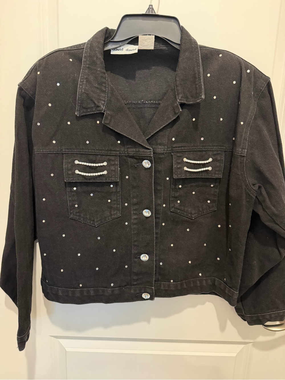 Vintage Embellished Black Denim Jacket with Rhinestone Details